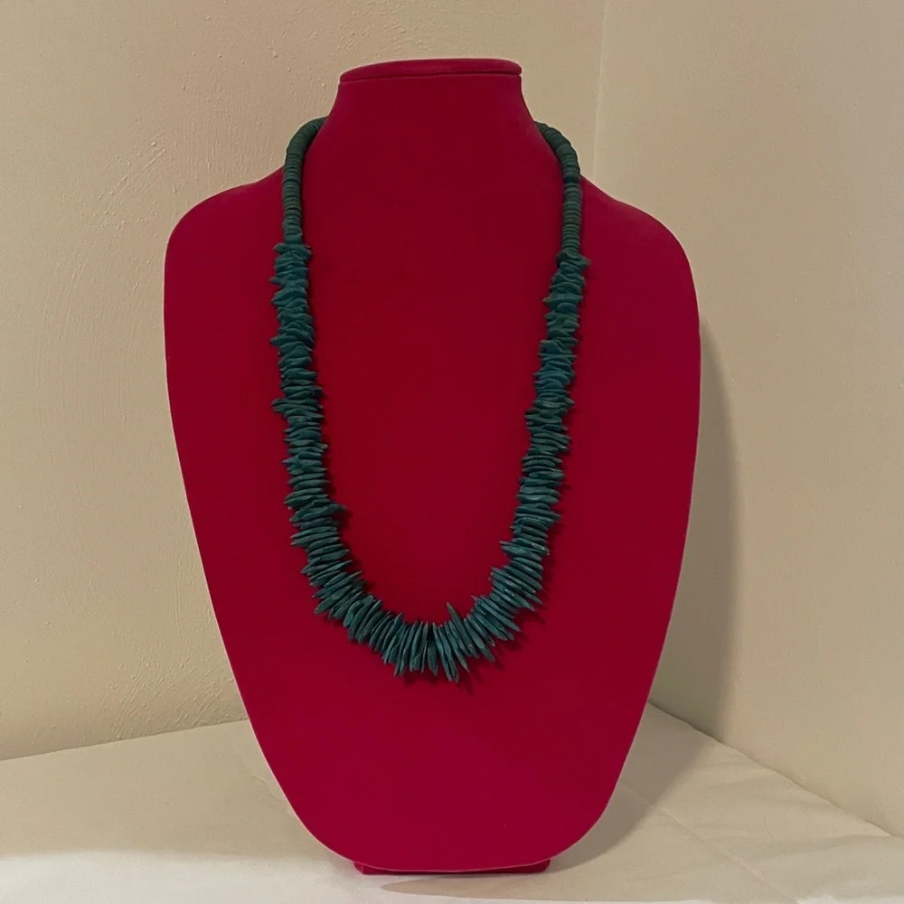 Vintage Teal blue chunky wood chip long necklace